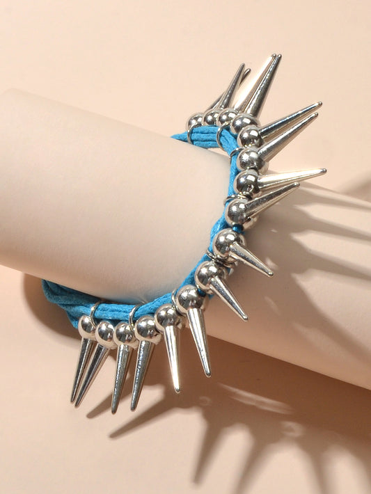 Grunge Punk Rock Jewelry Blue Pu Leather Multi-layer Chain Silver Spike Bracelet