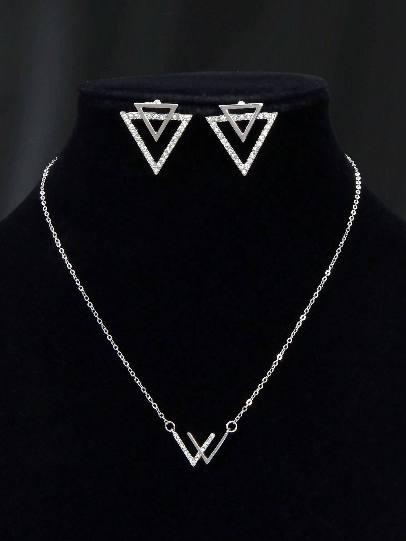 Double V Pendant Necklace with Triangle Earrings Set Chic Stylish Jewellery Gift