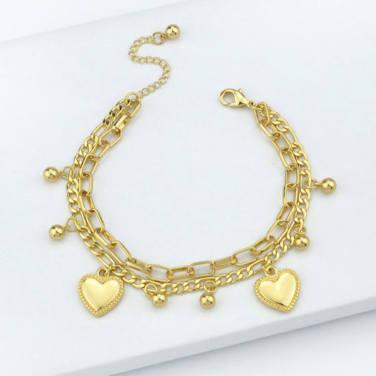 Ladies Jewellery Double layer Gold Silver Paperclip Chain Beads Heart Bracelet