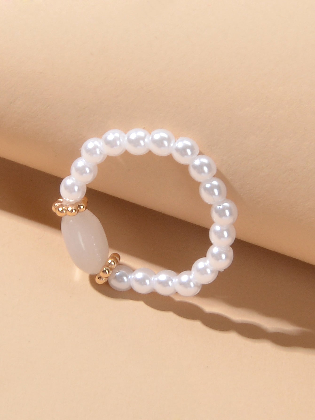 Retro Textured Jewellery Elastic Pearl Natural Stone Finger Ring Band for Women