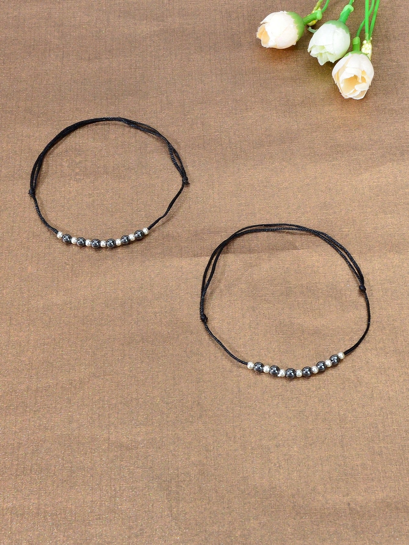 2pcs Bead Black Rope Adjustable Anklet Matching Couple Best Friend Foot Jewelry