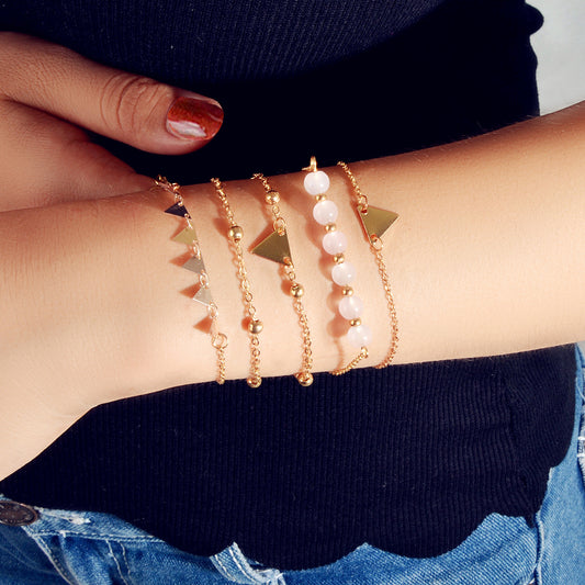 5pcs Gold Color Chain Pink Beads Triangle Decor Bracelet set Boho Chic Jewellery