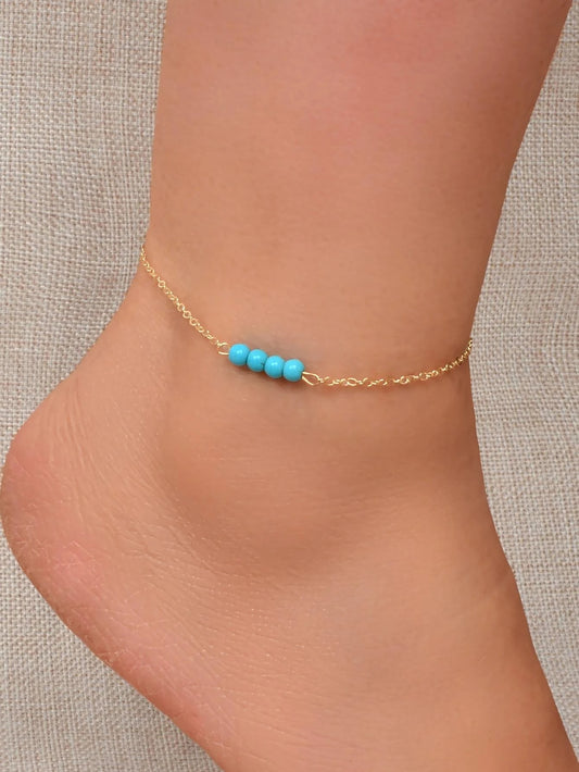 Handmade Blue Beaded Anklets Boho Gold Chain Ankle Bracelets Holiday Foot Anklet