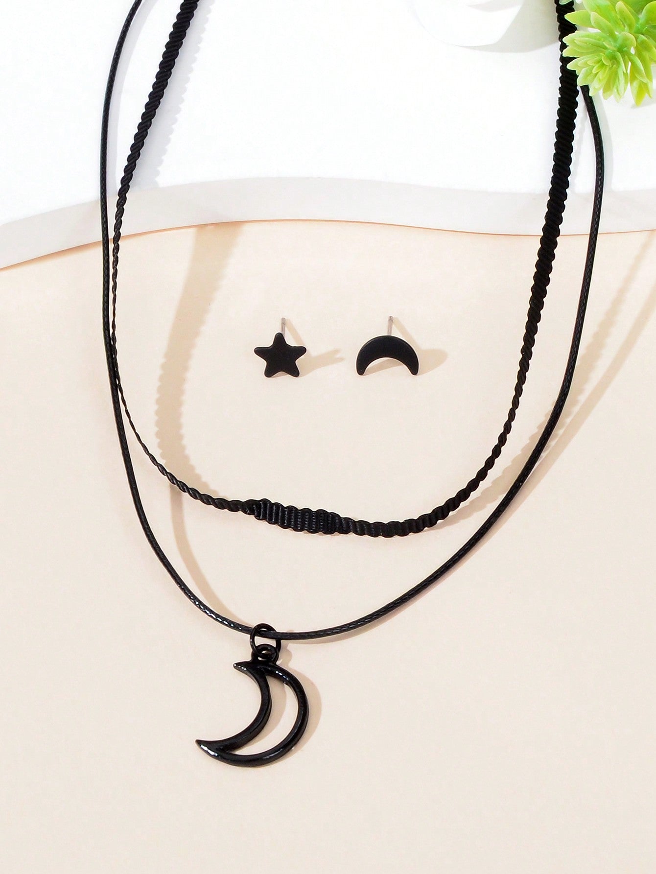 Black Moon Pendant Double Layer Short Necklace Star Crescent Earrings Gift Set