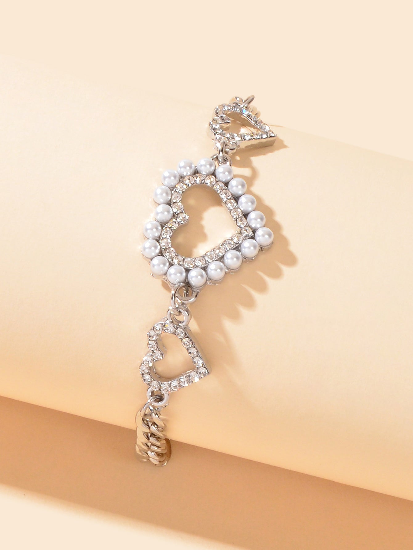 Luxurious Rhinestone Pearl Decor Heart Charm Silver Chain Bracelet for Wedding