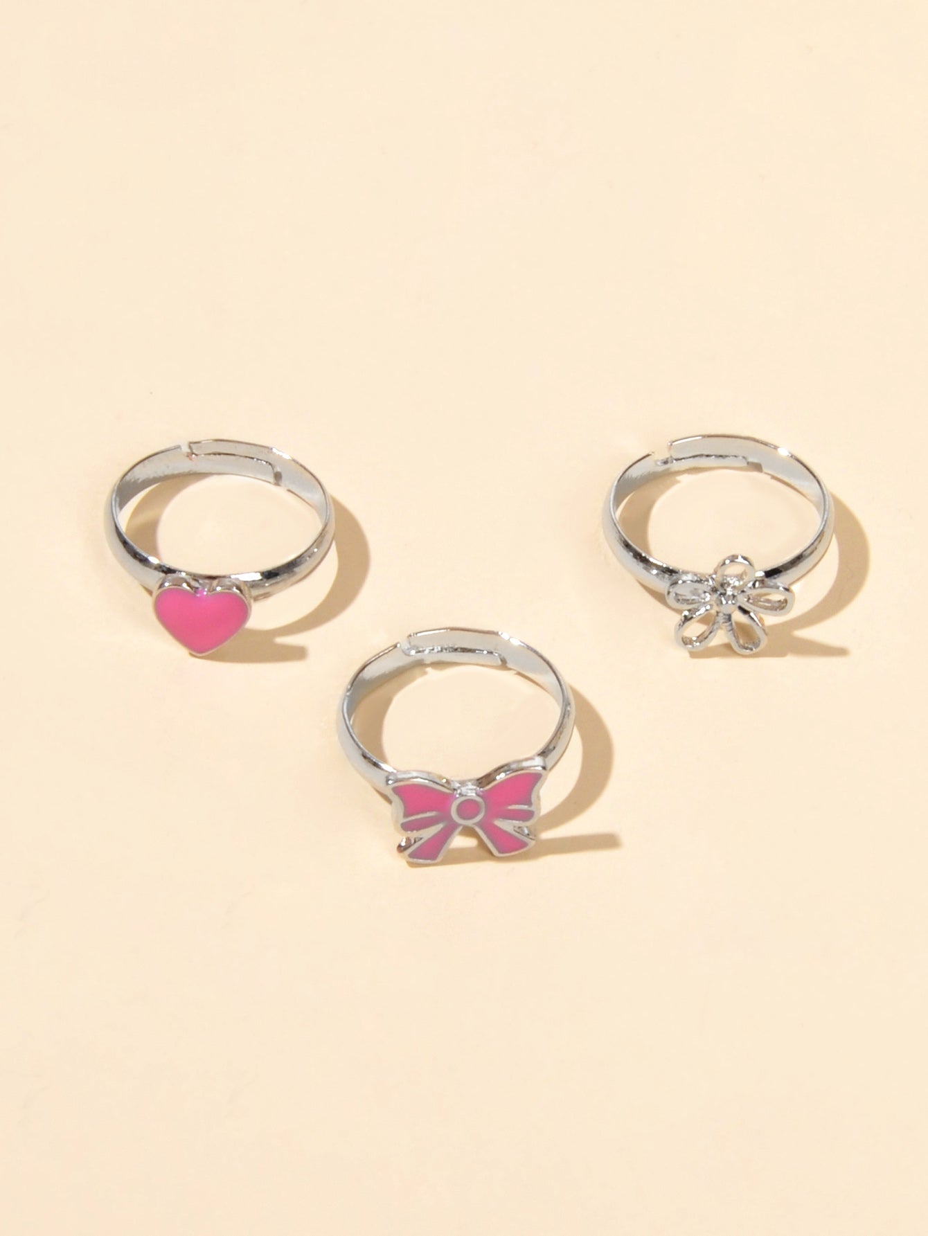 3 pcs Pink Heart Bowknot Trendy Silver Flower Multiple Cuff Finger Ring Set Gift