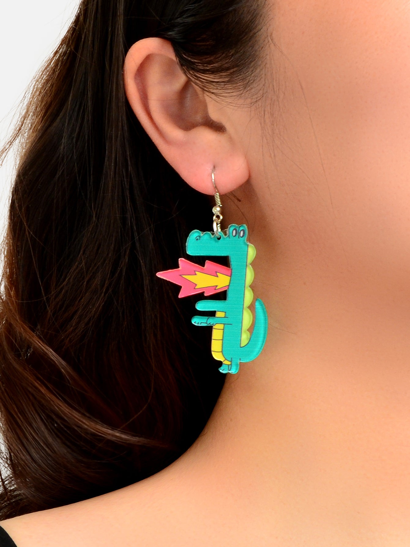 Spurt Fire Green Acrylic Dinosaur Dangle Earrings Cartoon Design Accessories