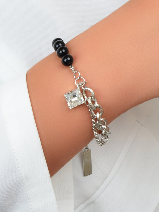 Designer Stylish Multiple Black Beads Silver Chain Square Acrylic Charm Bracelet