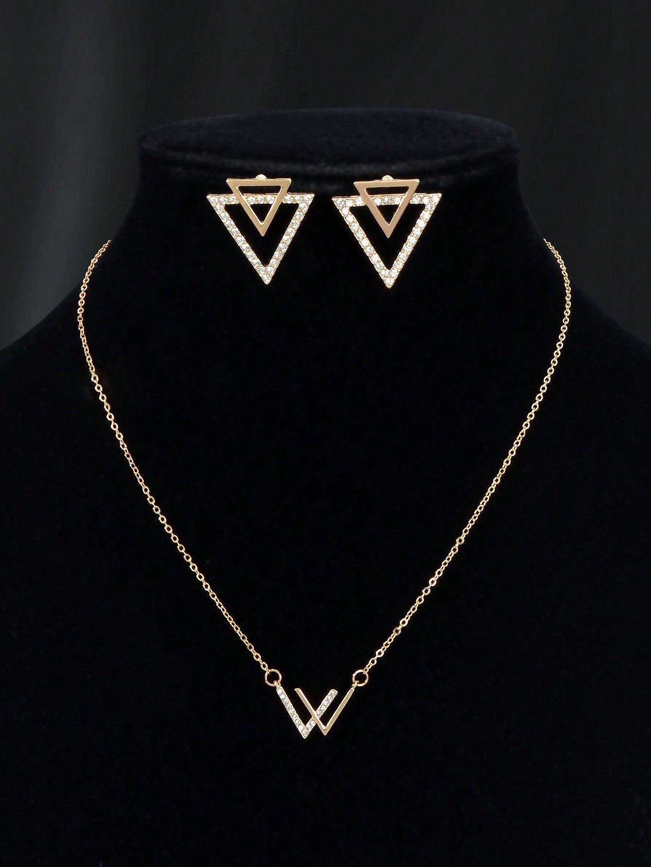 Double V Pendant Necklace with Triangle Earrings Set Chic Stylish Jewellery Gift