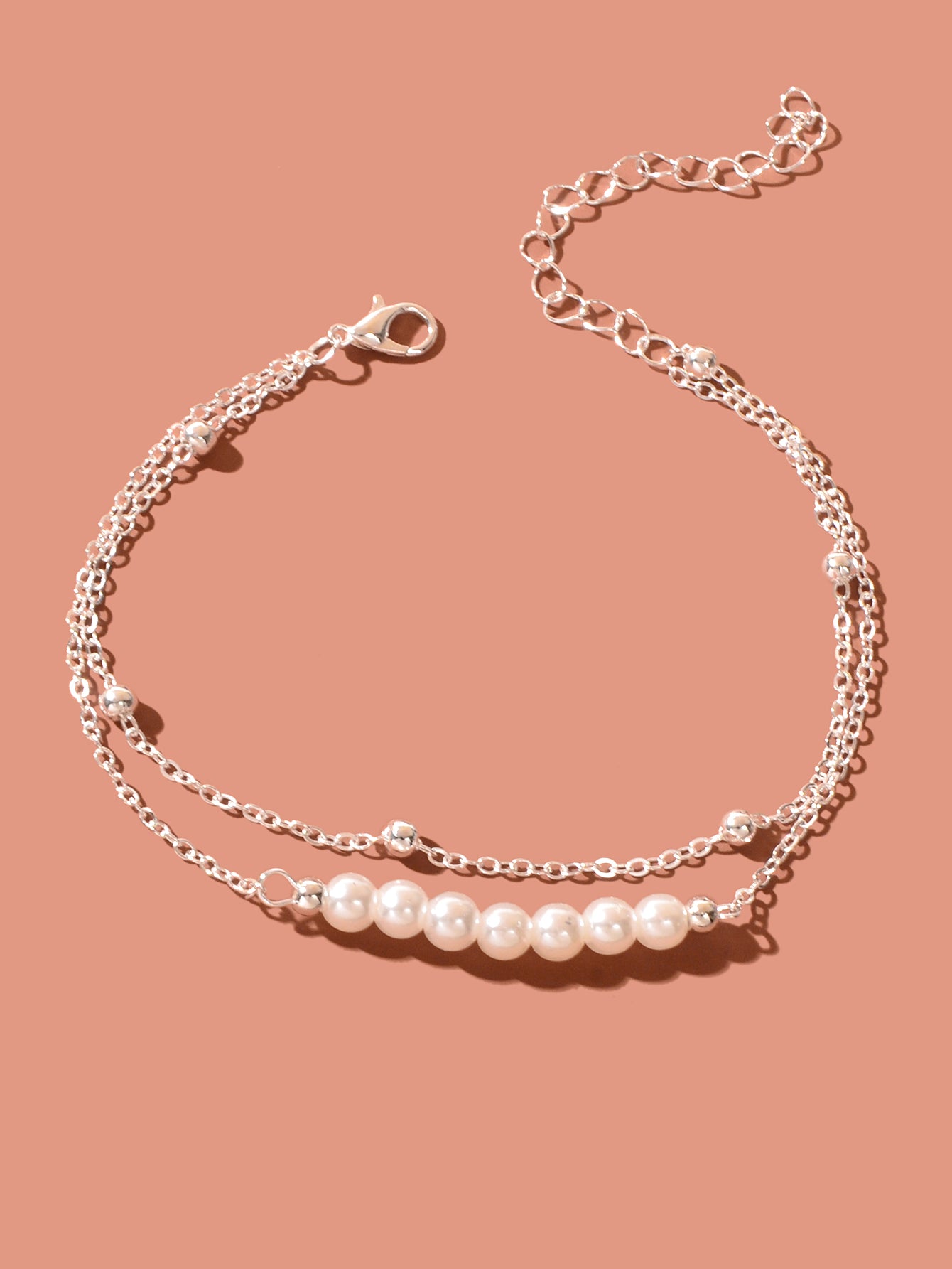 Beach Stylish Double layer Silver Chain Pearl Bead Anklet Vacation Foot Jewelry