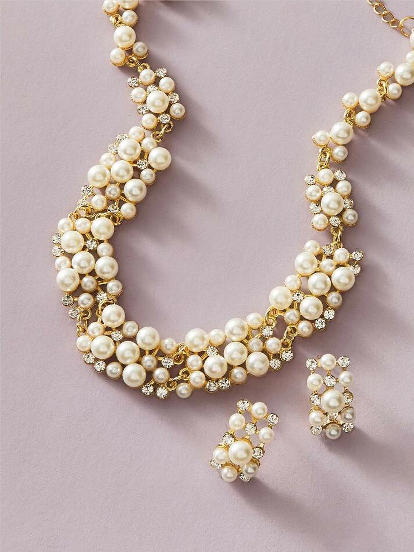 Rhinestone Pearl Collar Necklace Stud Earrings Luxurious Engagement Jewelry Set