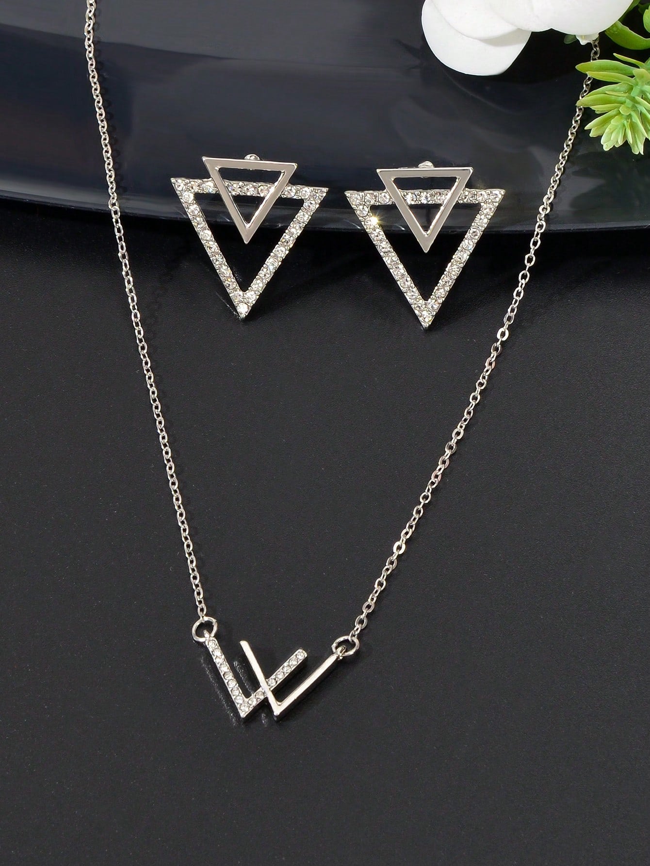 Double V Pendant Necklace with Triangle Earrings Set Chic Stylish Jewellery Gift