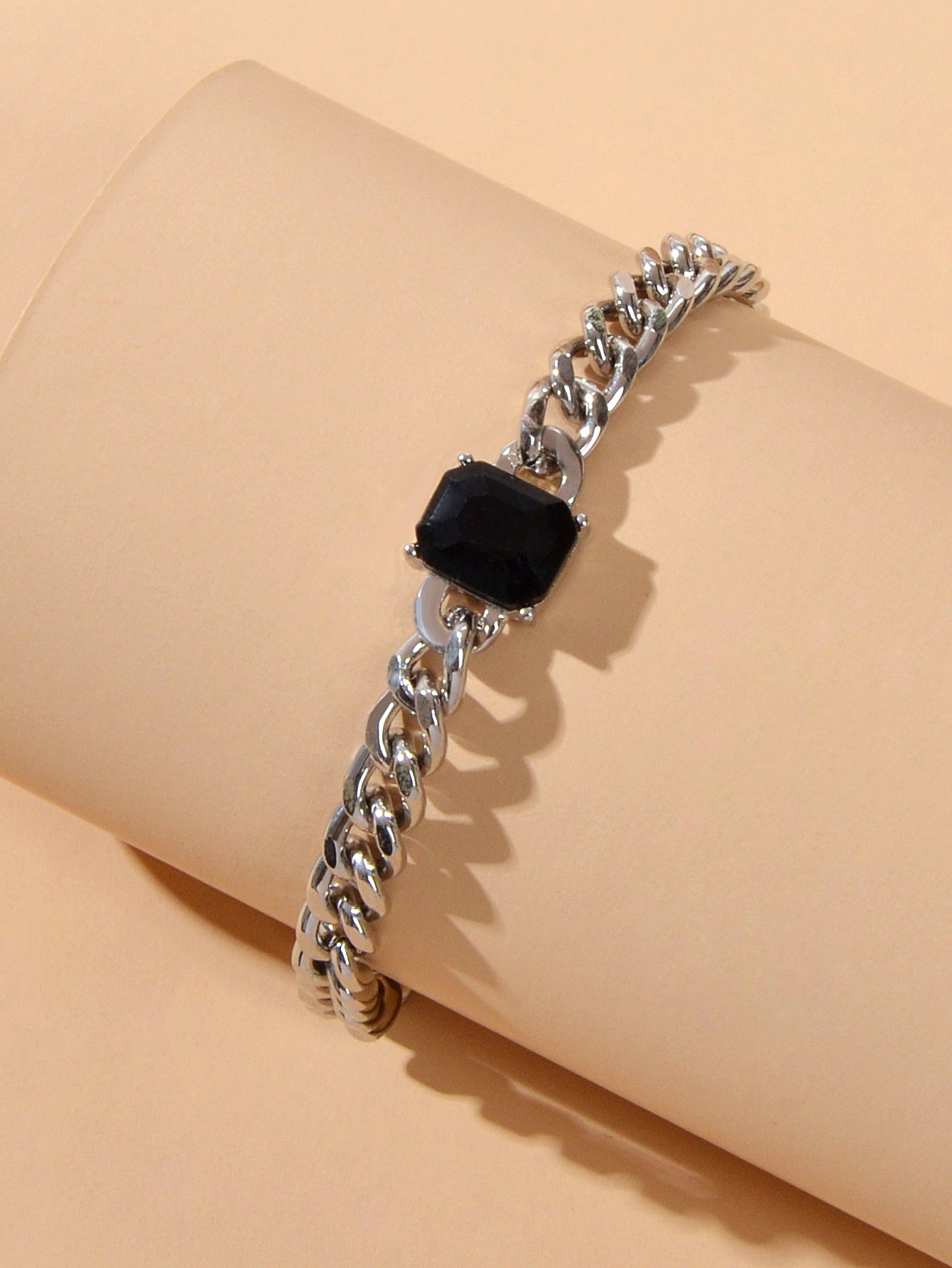 Cool Women Accessories Black Acrylic Crude Silver Metal Link Chain Bracelet Gift