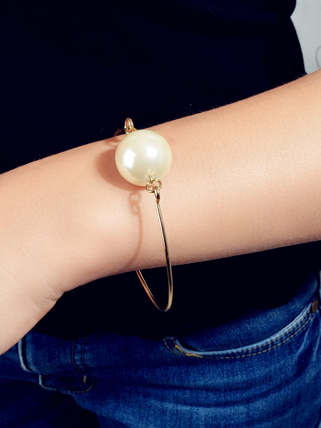 Female Jewellery Big Faux Pearl Decor Golden Bangle Collection Bracelets Women