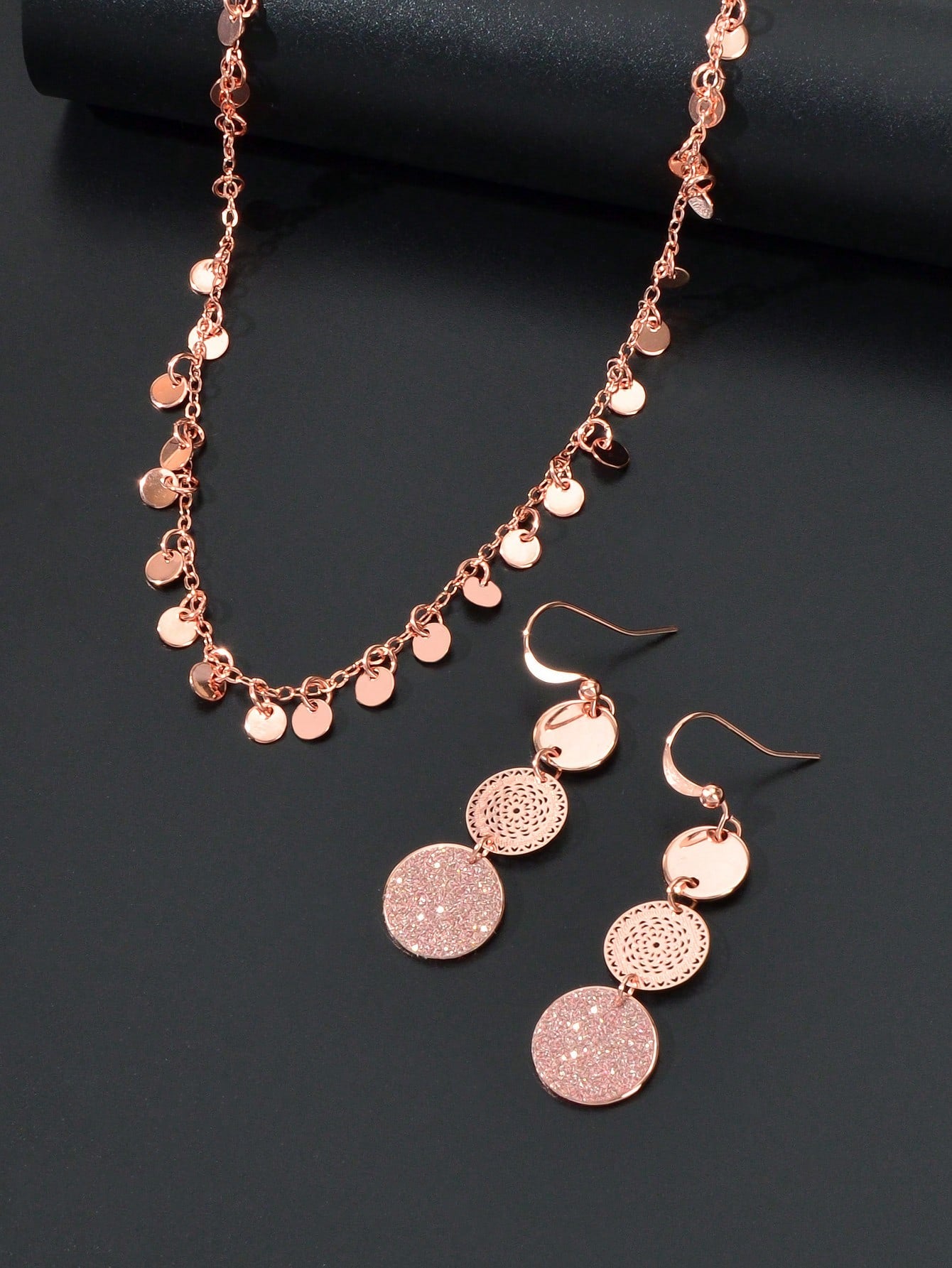 Radiant Rose Gold Multi-Disc Pendant Necklace & Earrings Set - Elegant Ensemble