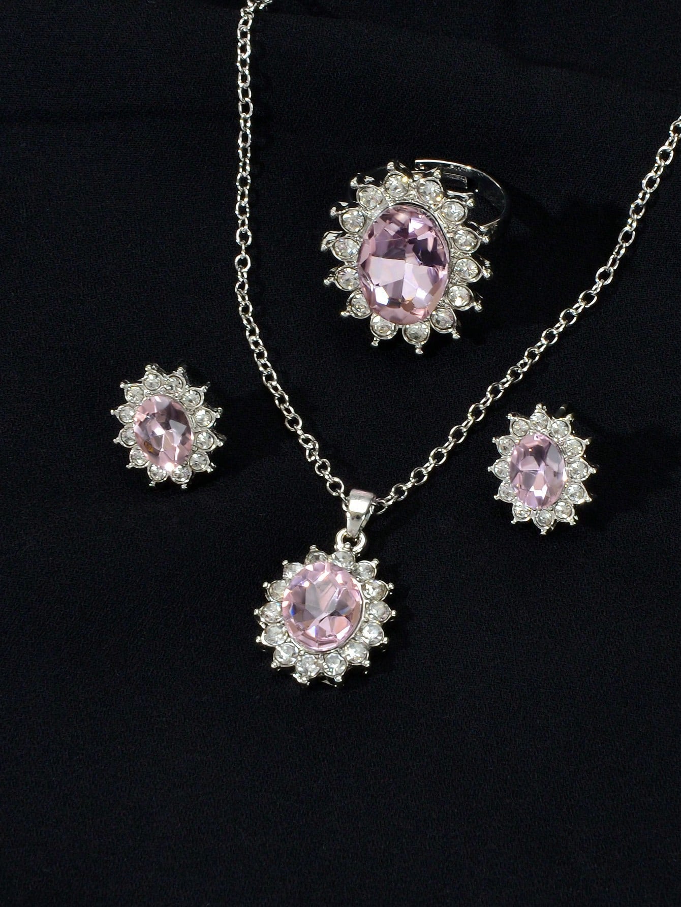 Crystal Flower Necklace Stud Earrings Finger Ring Luxury Wedding Jewellery Set