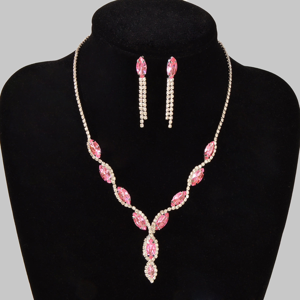 Luxurious Wedding Jewellery Set Pink Crystal Water Drop Necklace Dangle Earrings