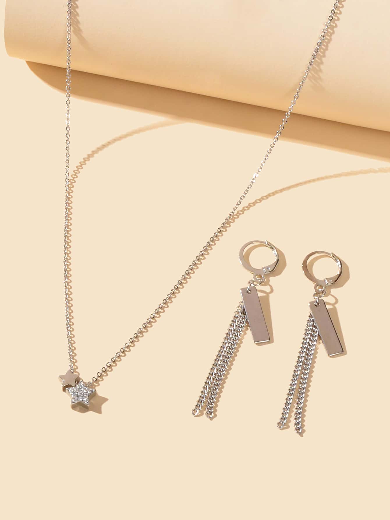 Silver Star Pendant Necklace & Rectangular Tassel Earrings Set Celestial Charm