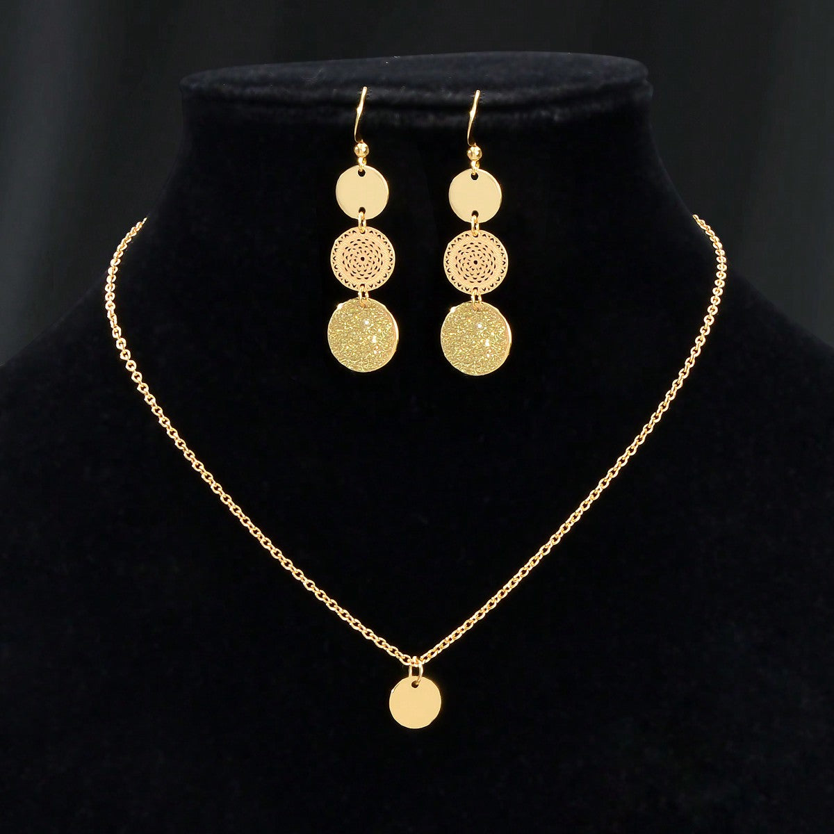 Gold Small Disc Pendant Necklace and Earring Set - Elegant Jewelry Ensemble