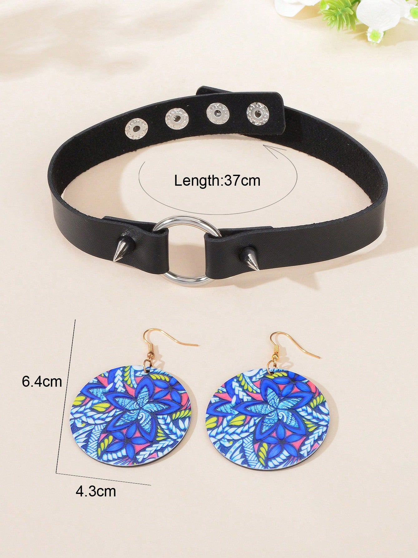 Colourful Printed Earrings with Black Studs Adjustable Short Necklace Set Bundle