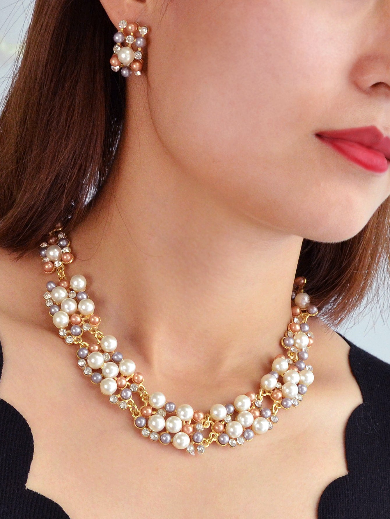 Rhinestone Pearl Collar Necklace Stud Earrings Luxurious Engagement Jewelry Set