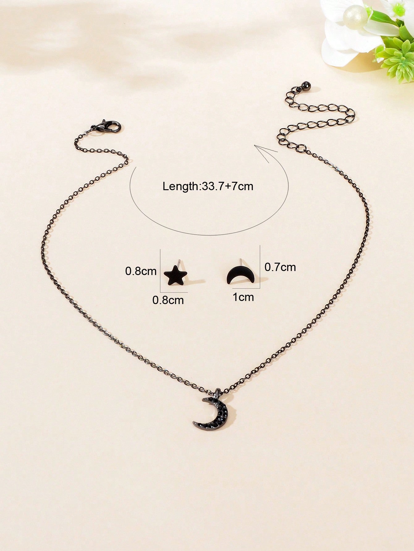 Black Moon Pendant with Moon and Stars Stud Earrings Set Celestial Jewelry Gift