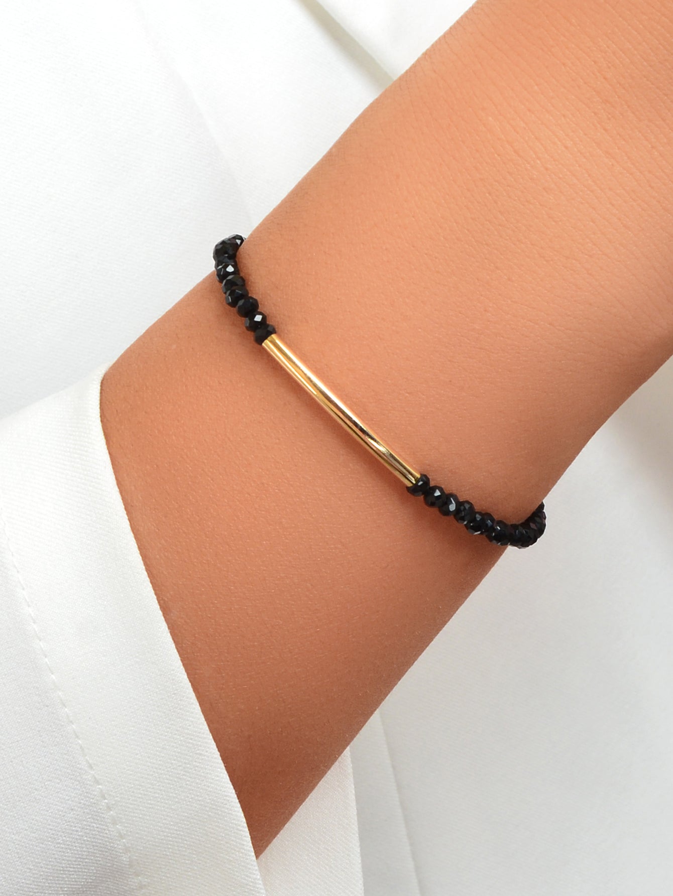 Trendy Handcrafted Black Beads Gold Metal String Bracelet Women Bangle Jewellery