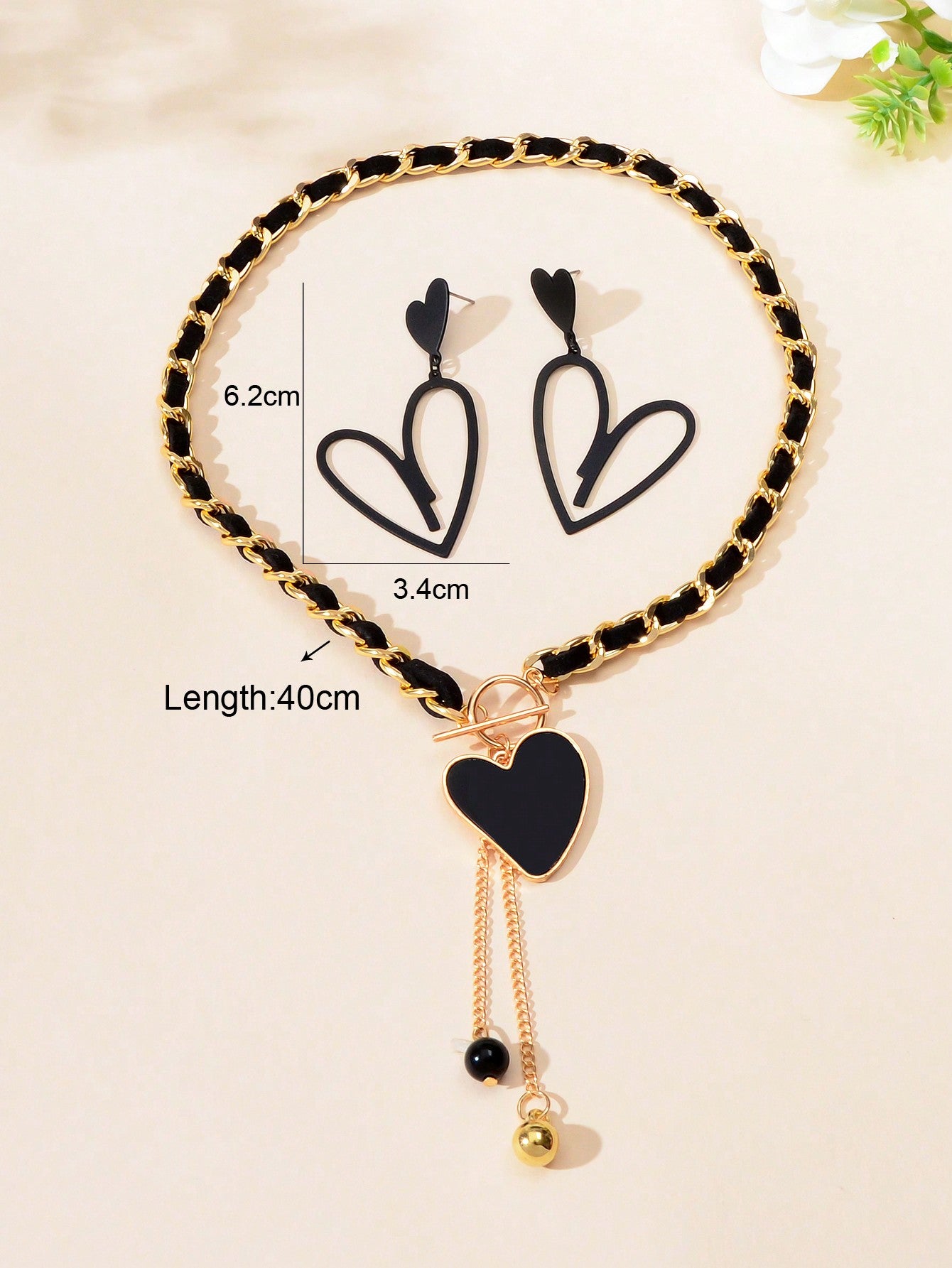 Timeless Elegance Black Heart Pendant Necklace Earrings Classic Jewellery Set