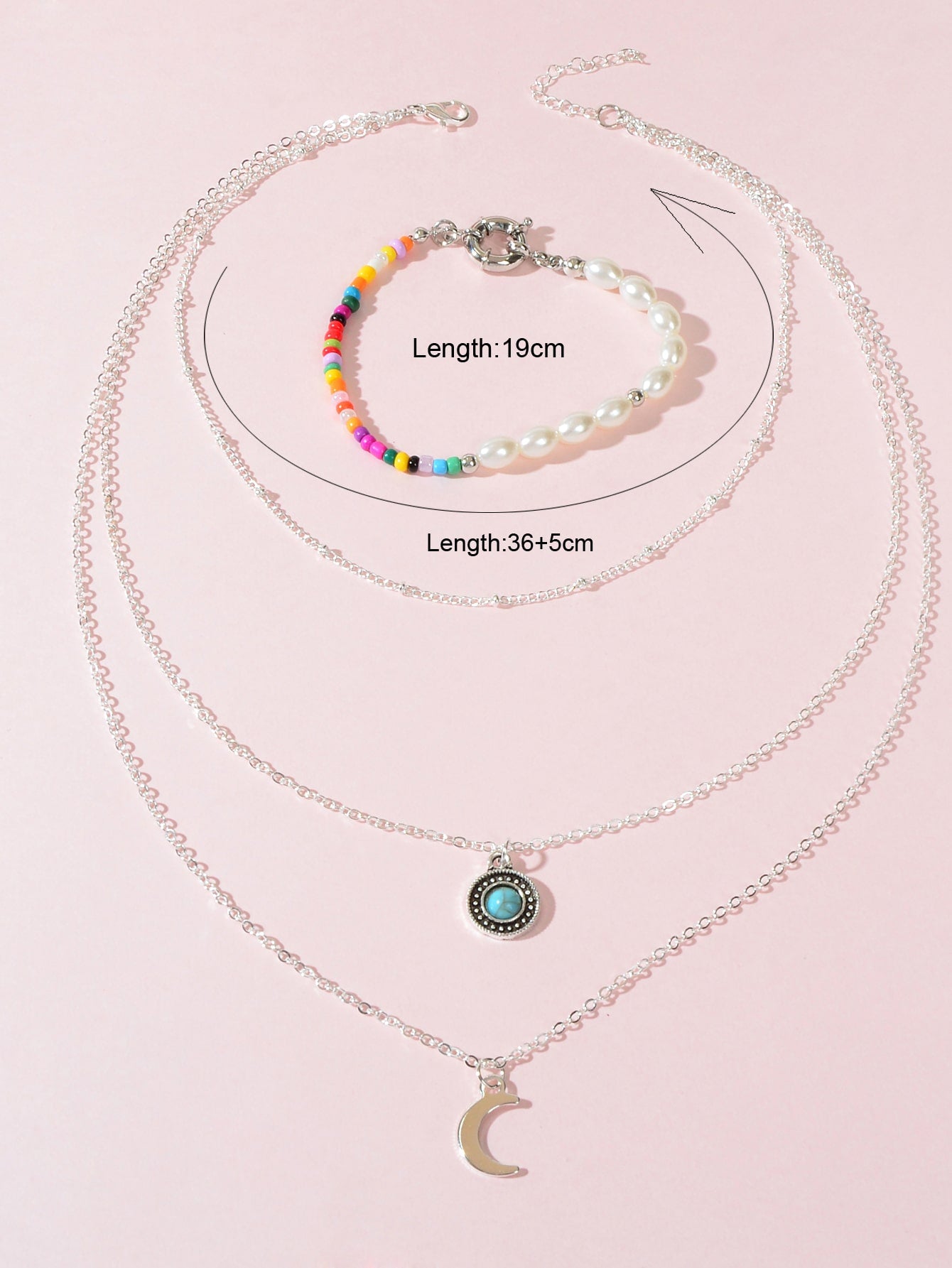 Stylish Silver Multi-Layer Necklace Colourful Beads Bracelet Set Vintage Jewelry