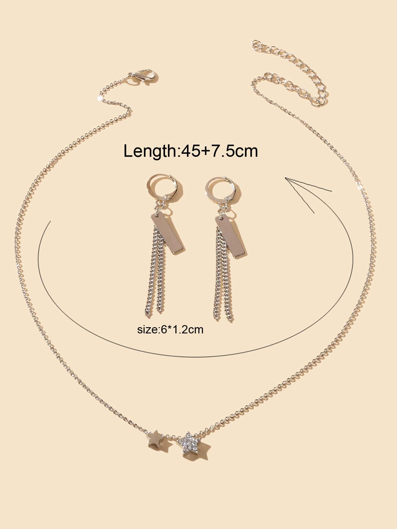 Silver Star Pendant Necklace & Rectangular Tassel Earrings Set Celestial Charm