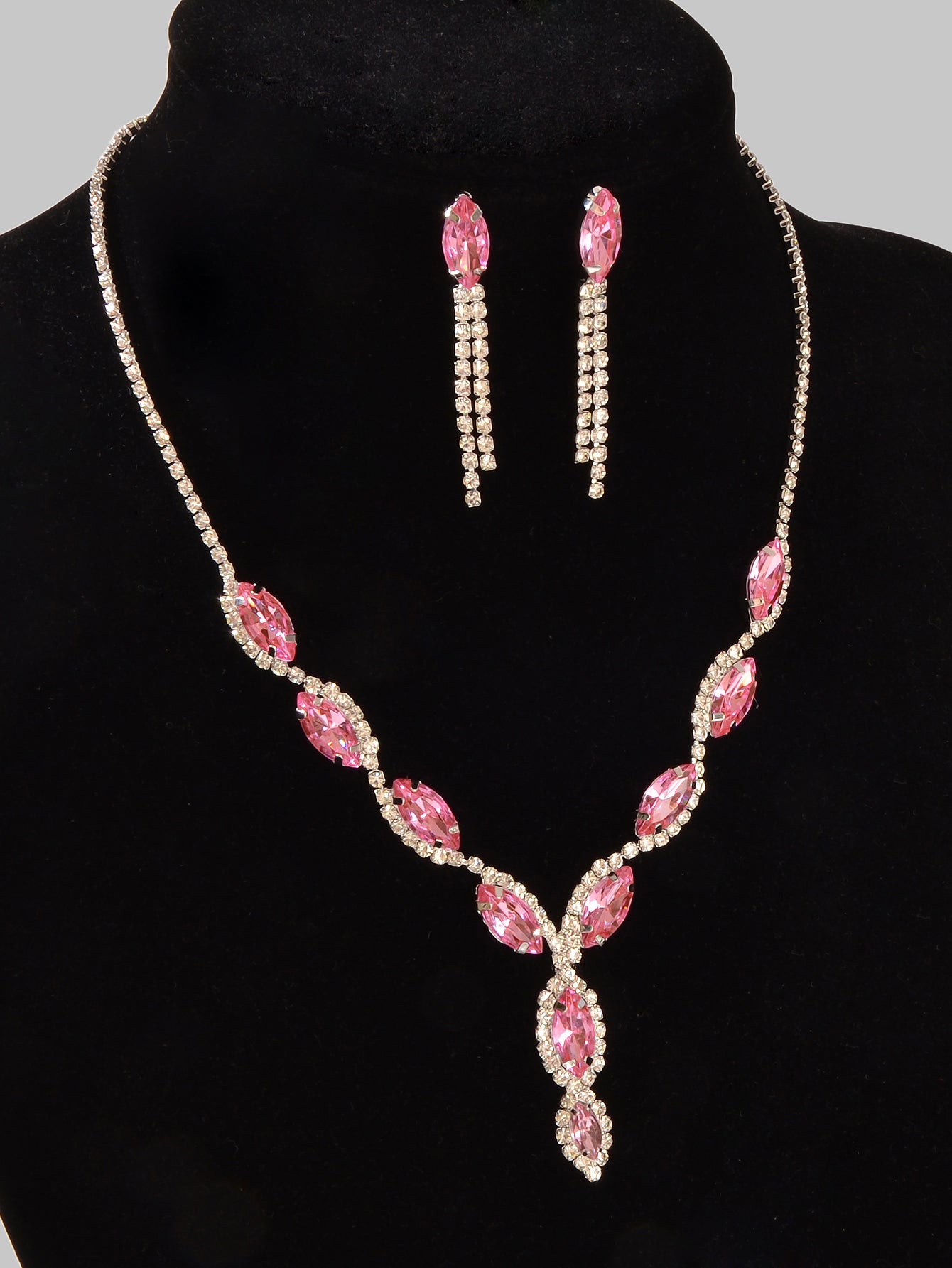 Luxurious Wedding Jewellery Set Pink Crystal Water Drop Necklace Dangle Earrings