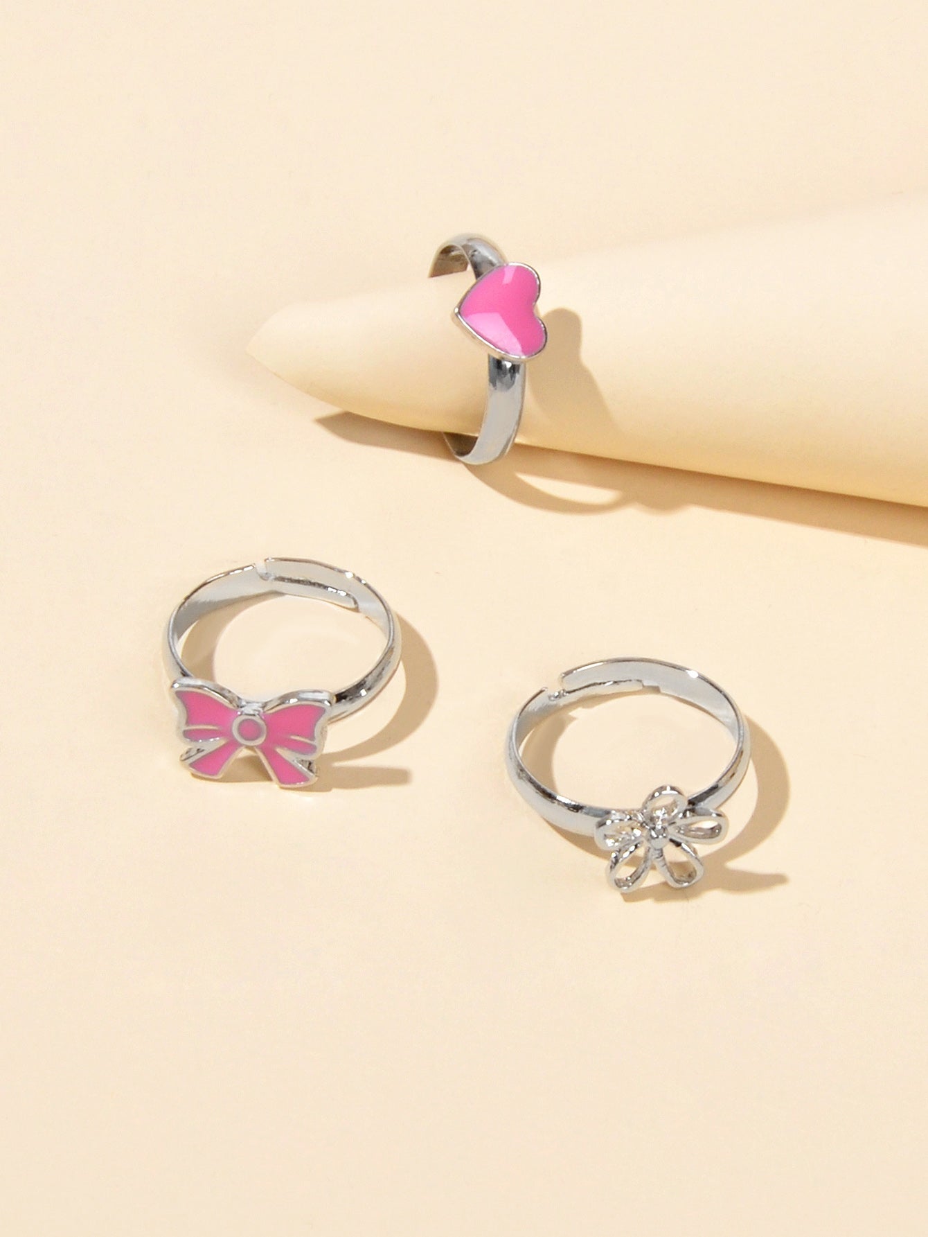 3 pcs Pink Heart Bowknot Trendy Silver Flower Multiple Cuff Finger Ring Set Gift