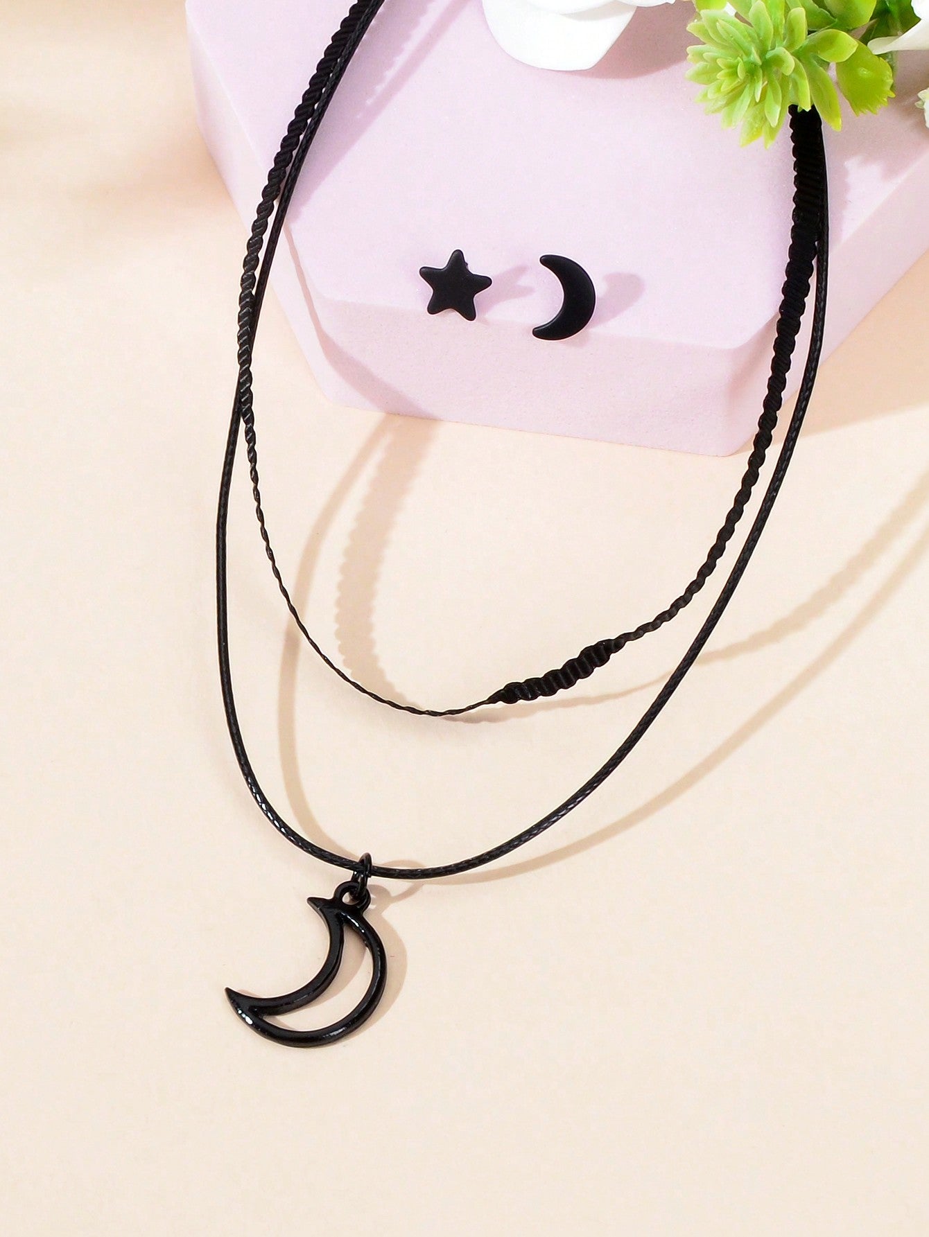 Black Moon Pendant Double Layer Short Necklace Star Crescent Earrings Gift Set