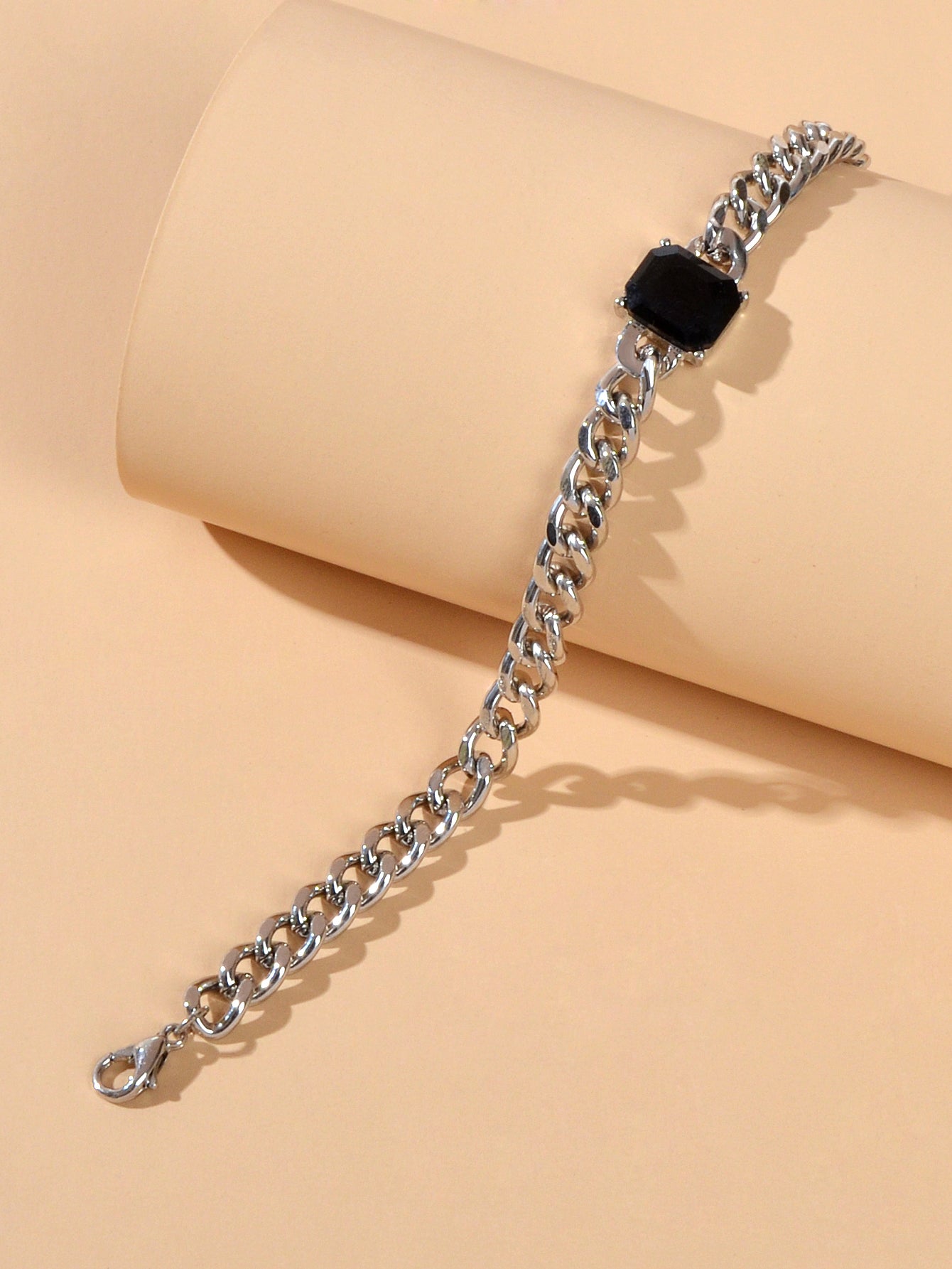 Cool Women Accessories Black Acrylic Crude Silver Metal Link Chain Bracelet Gift