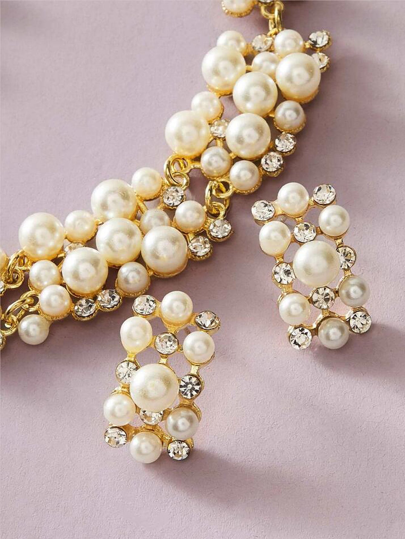 Rhinestone Pearl Collar Necklace Stud Earrings Luxurious Engagement Jewelry Set