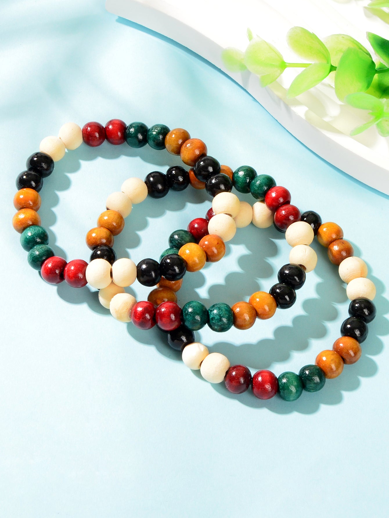 3pcs Ethnic Colorful Wood Beaded Layered Bangle Bracelet Women Holiday Jewellery