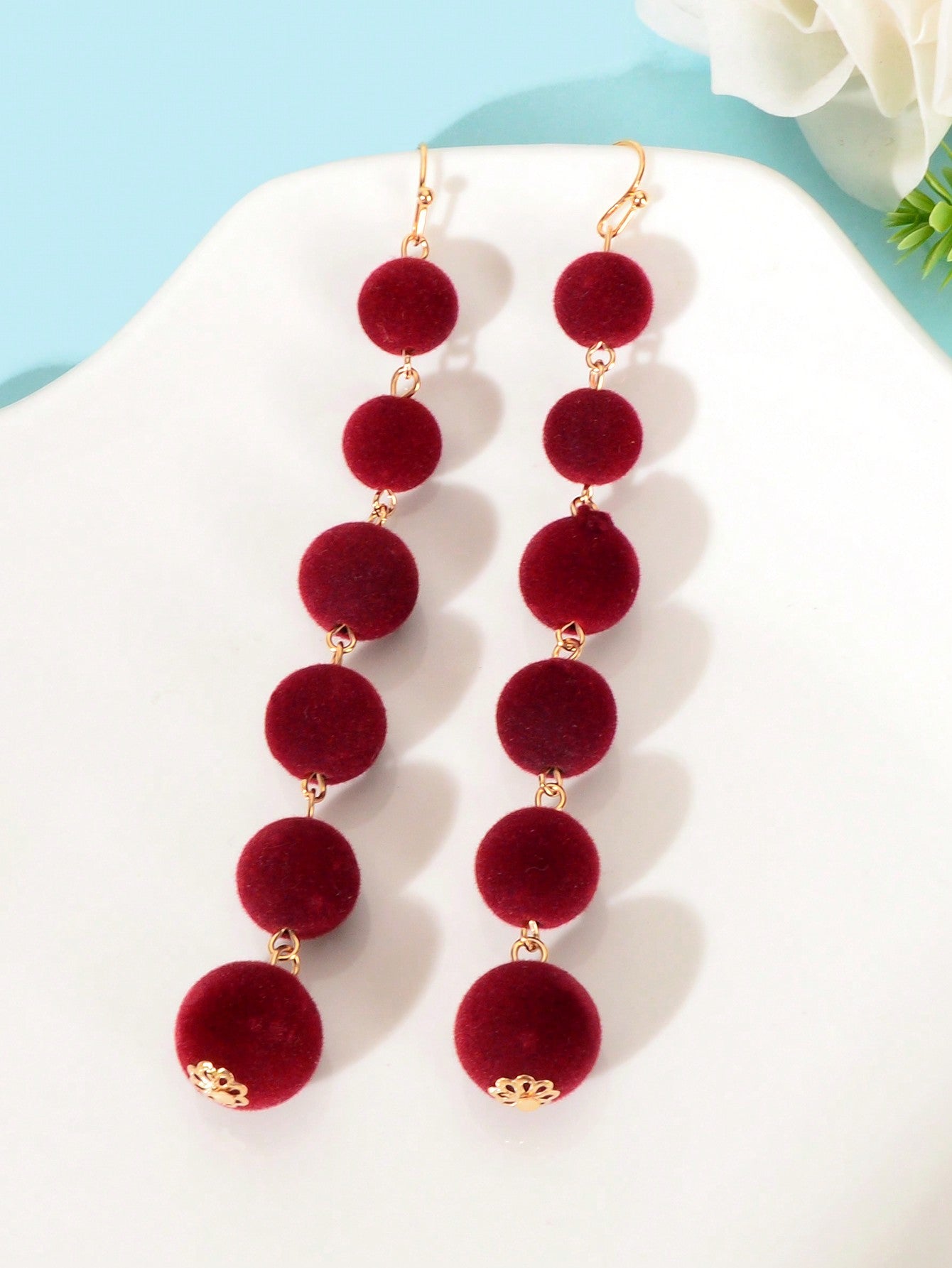 Burgundy Sphere Balls Pendant Earrings Double Layer Winered Heart Necklace Set