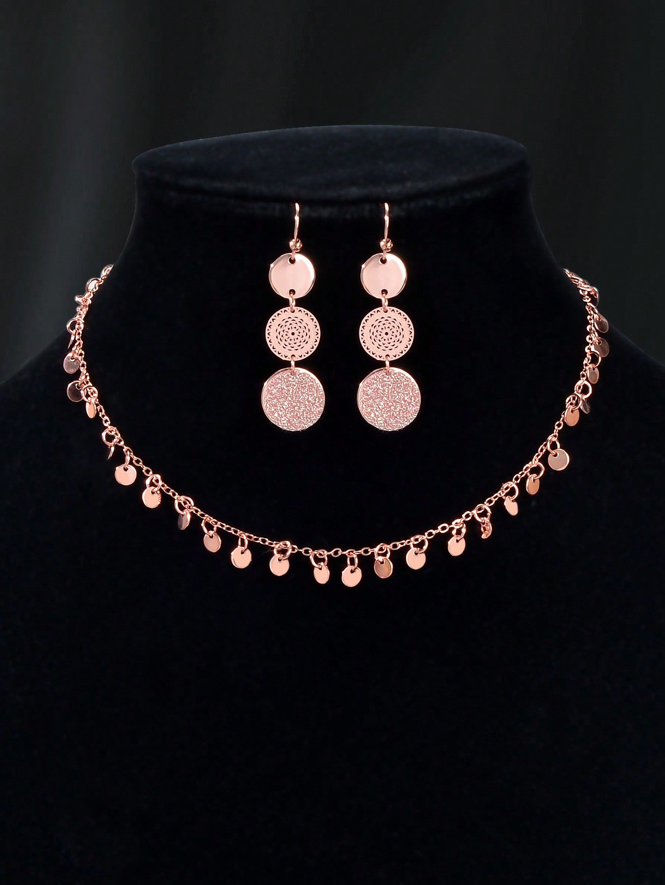 Radiant Rose Gold Multi-Disc Pendant Necklace & Earrings Set - Elegant Ensemble