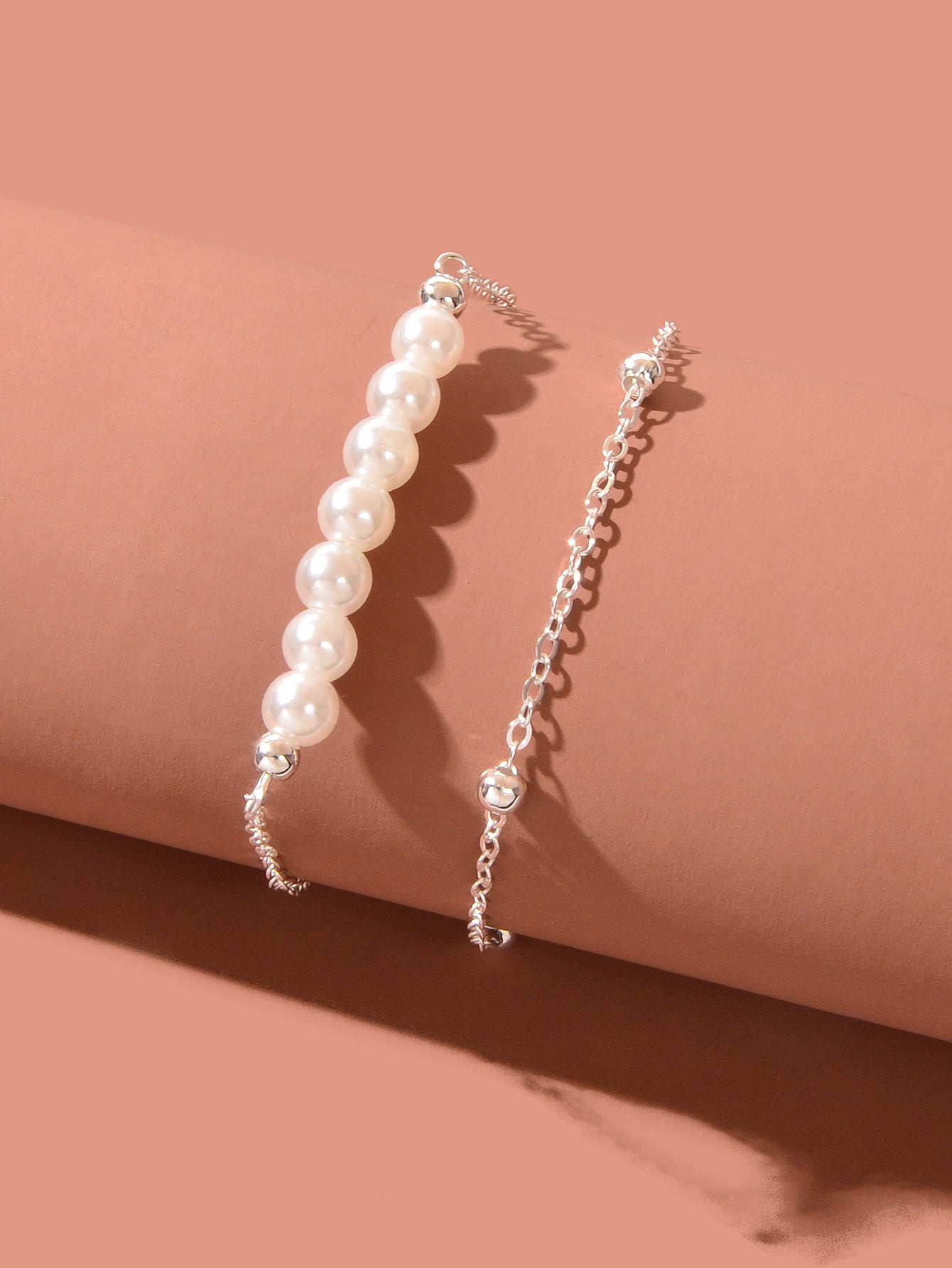 Beach Stylish Double layer Silver Chain Pearl Bead Anklet Vacation Foot Jewelry