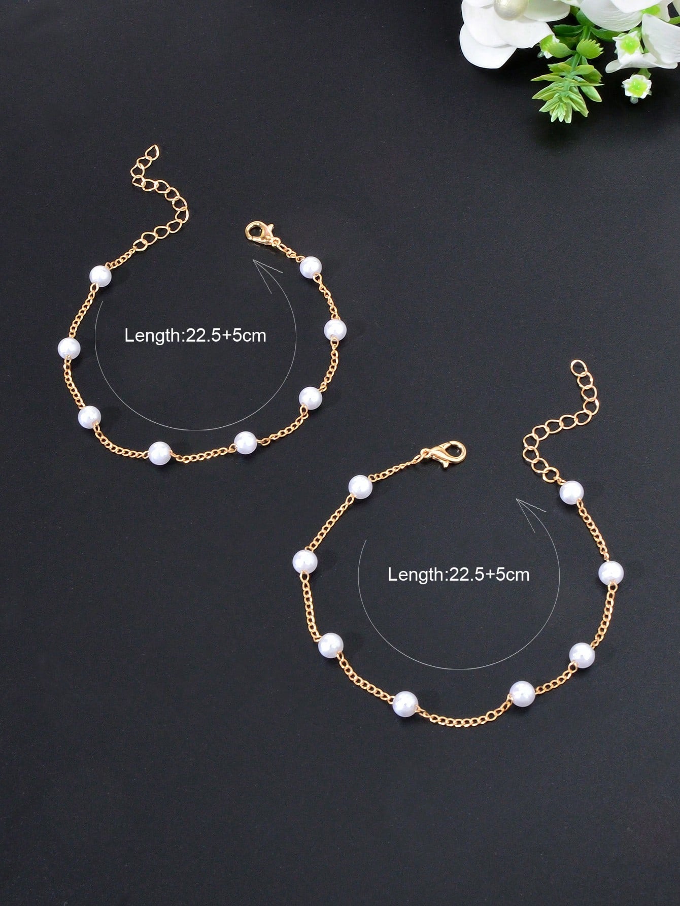 Set of 2 Pearl-Adorned Chain Anklets - Stylish Footwear Accessories Feet Jewelry