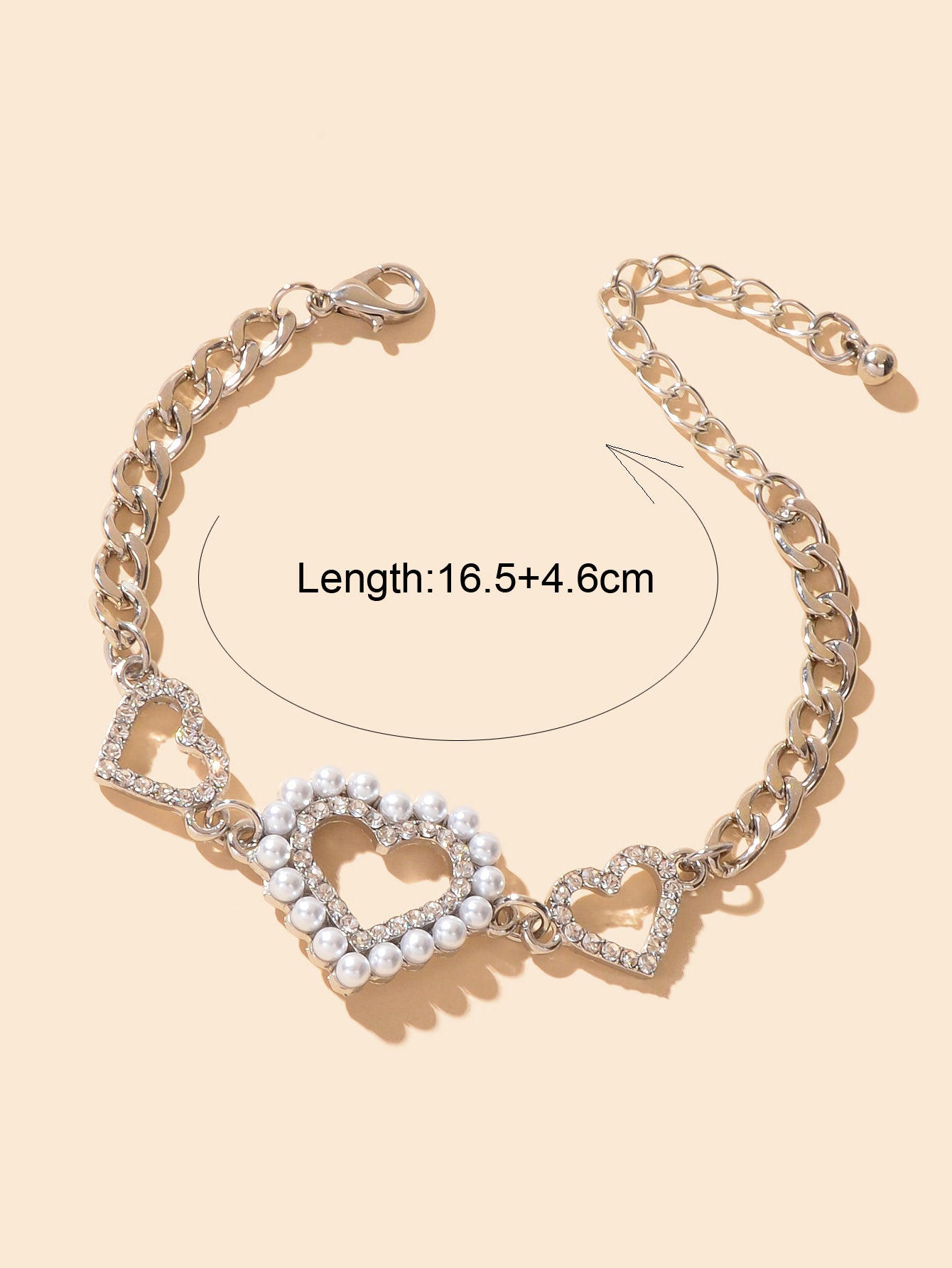 Luxurious Rhinestone Pearl Decor Heart Charm Silver Chain Bracelet for Wedding