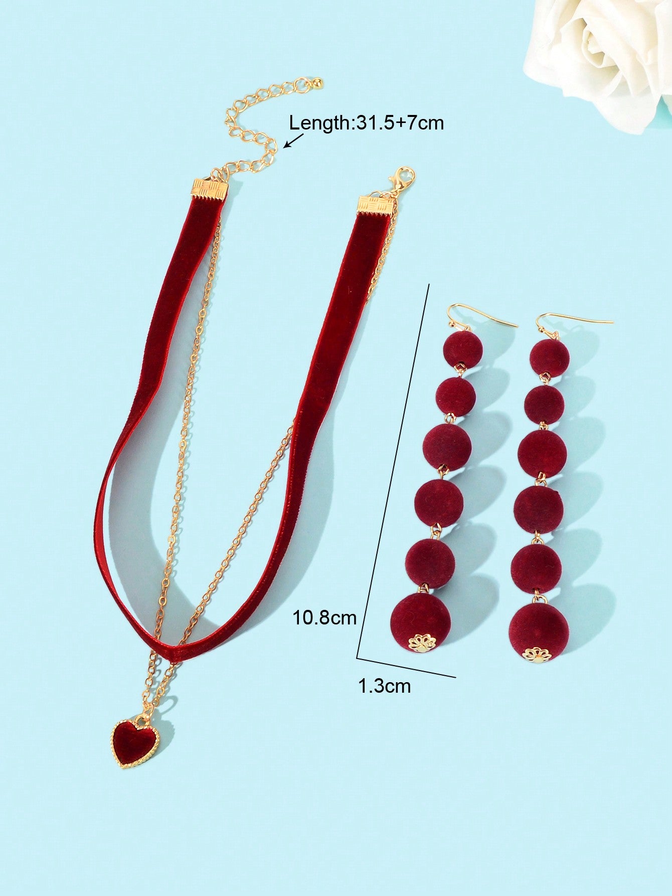 Burgundy Sphere Balls Pendant Earrings Double Layer Winered Heart Necklace Set