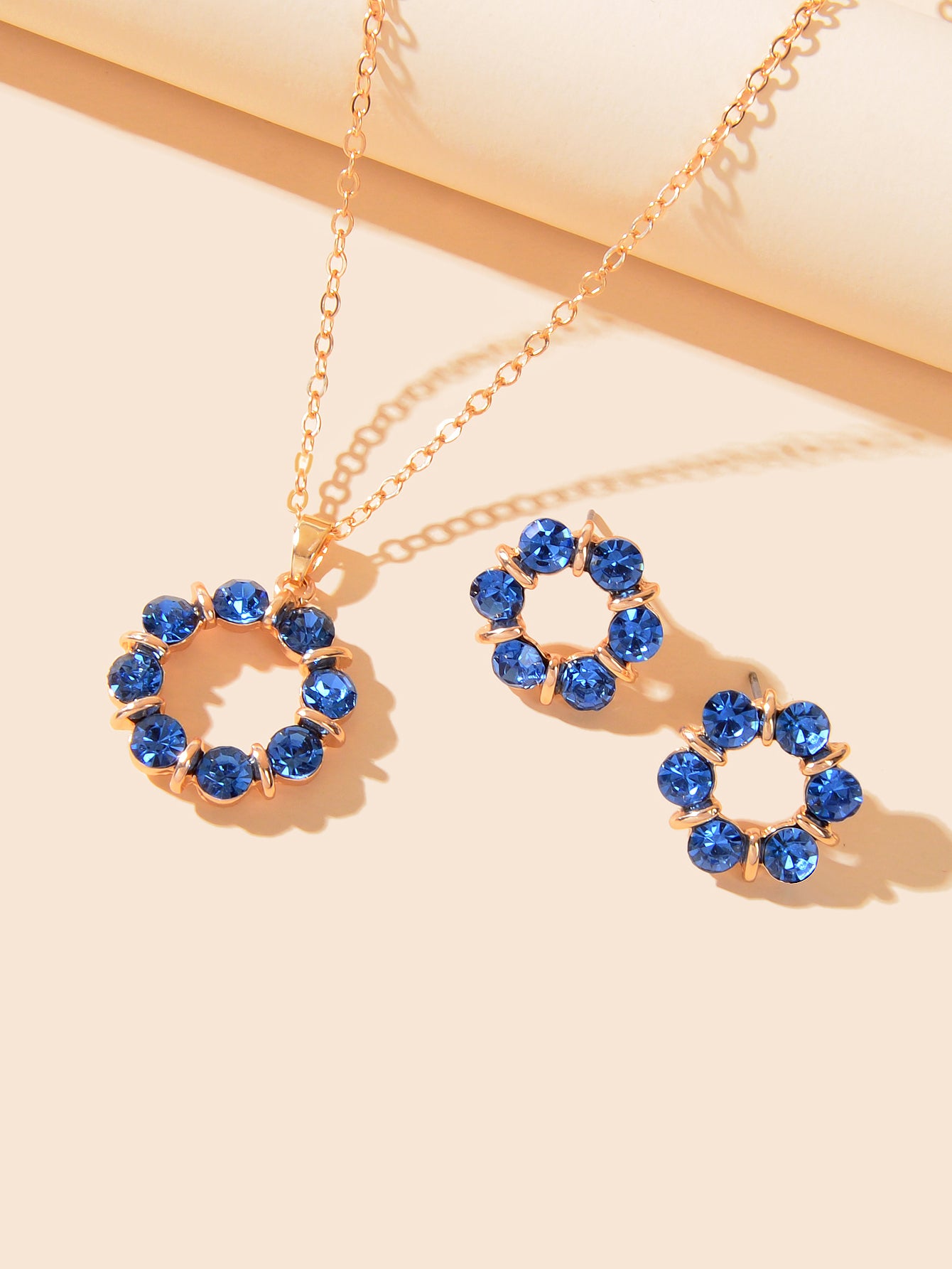 Colourful Rhinestone Flower Jewellry Set Round Charm Necklace Girl Stud Earrings