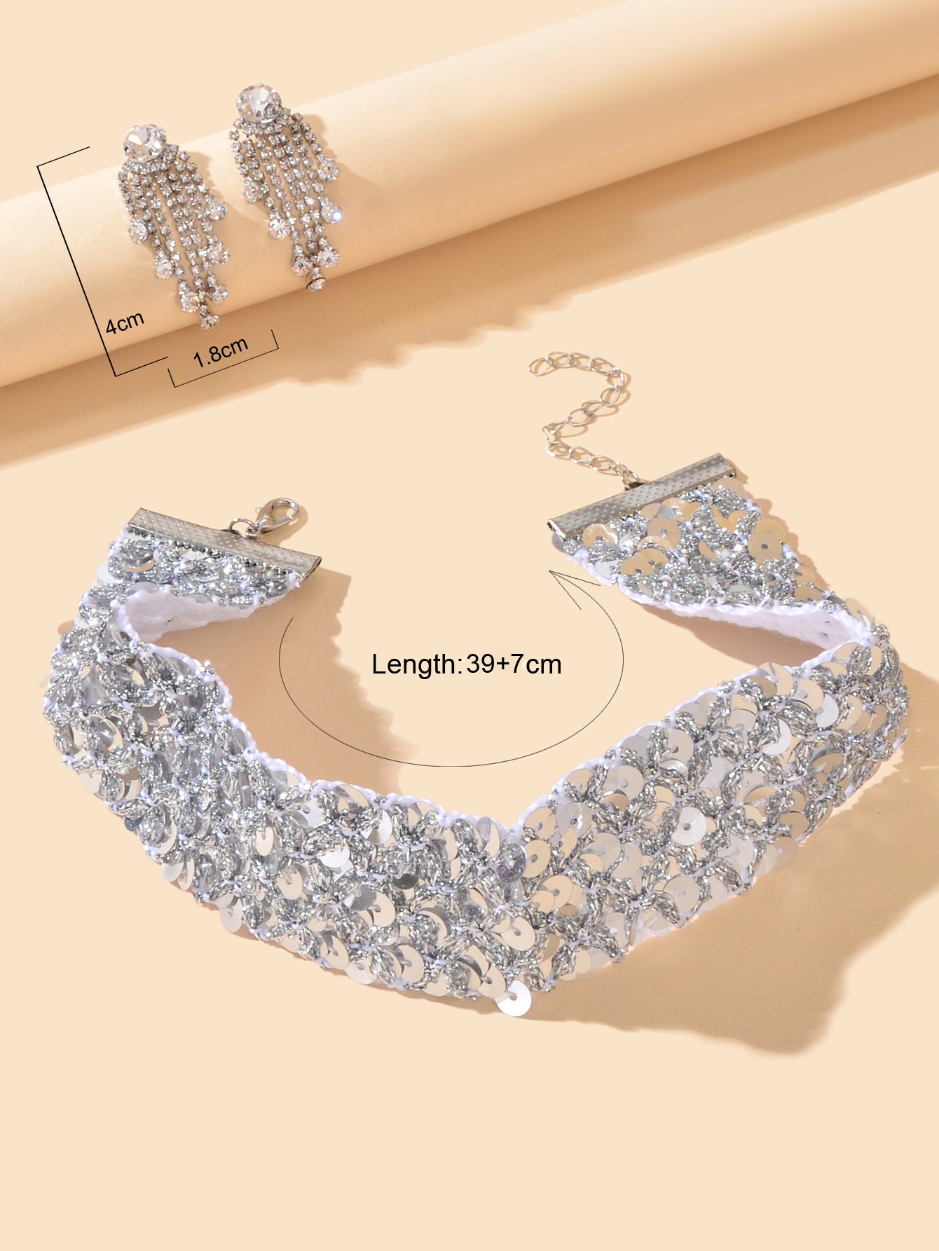 Women Party Decoration Set Silver Sequins Choker Zirconia Tassel Dangle Earrings