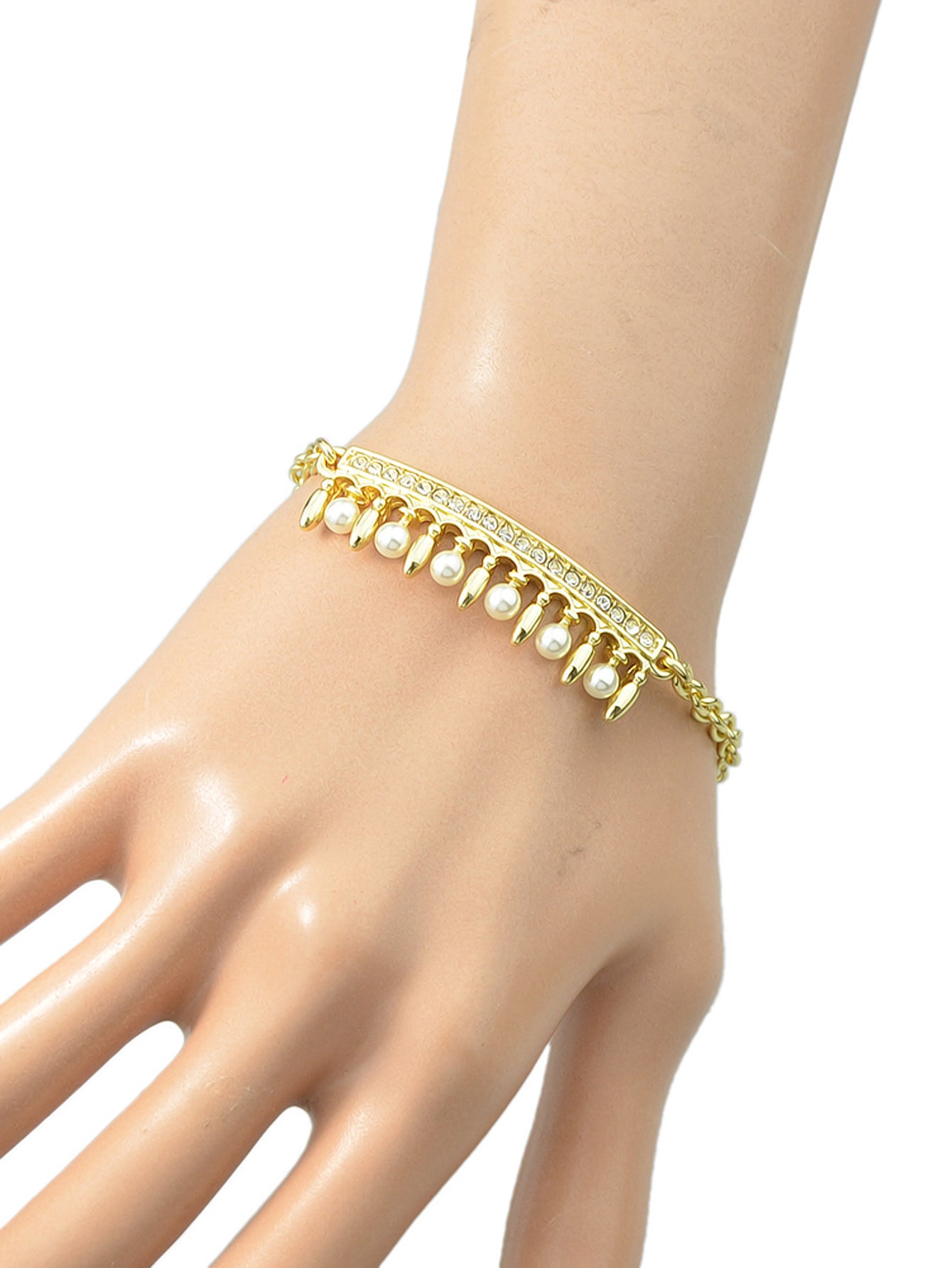 Textured Accessories Pearl Rhinestone Gold Charm Friendship Classic Bracelet