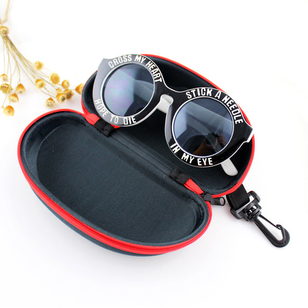 A Hard Sunglasses Case with Lock Clasp and Zipper Closure