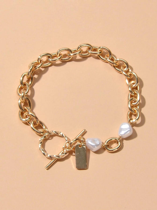 Pearl Decor Letter Tag Charm Heavy Solid Chain Buckle Bracelet Textured Jewelry