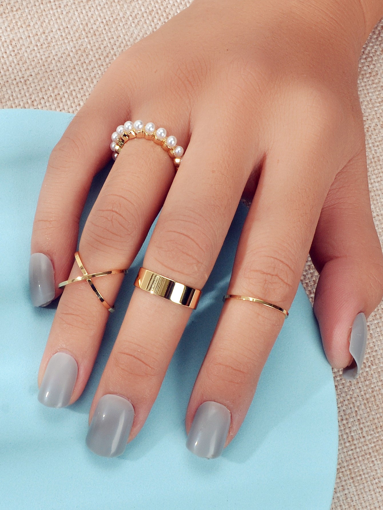 4 pcs Fashion Jewellery Pearl Decor Gold Geometric Midi Finger Knuckle Rings set