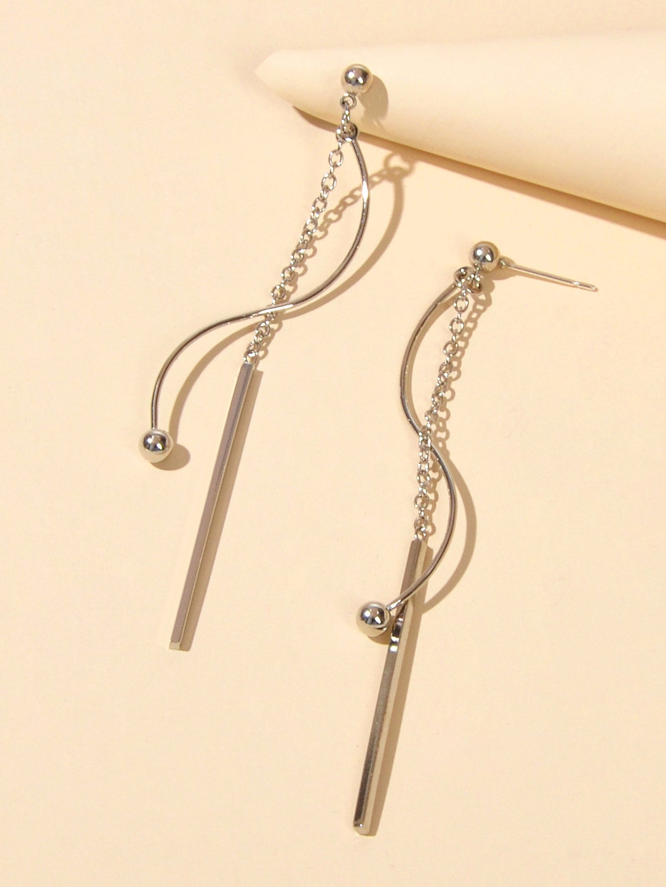 Silver Line Chain Geometric Long Curved Bar Tassel Dangle Earrings Thread Stud