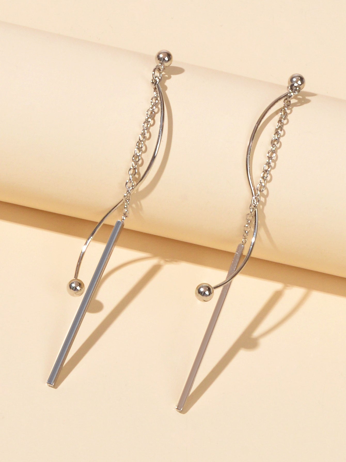 Silver Line Chain Geometric Long Curved Bar Tassel Dangle Earrings Thread Stud